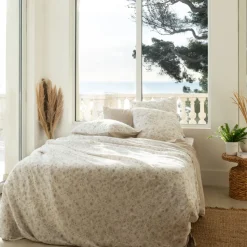 Best Sale Housse de couette lin et coton lavé Songe grège floral Housses De Couette